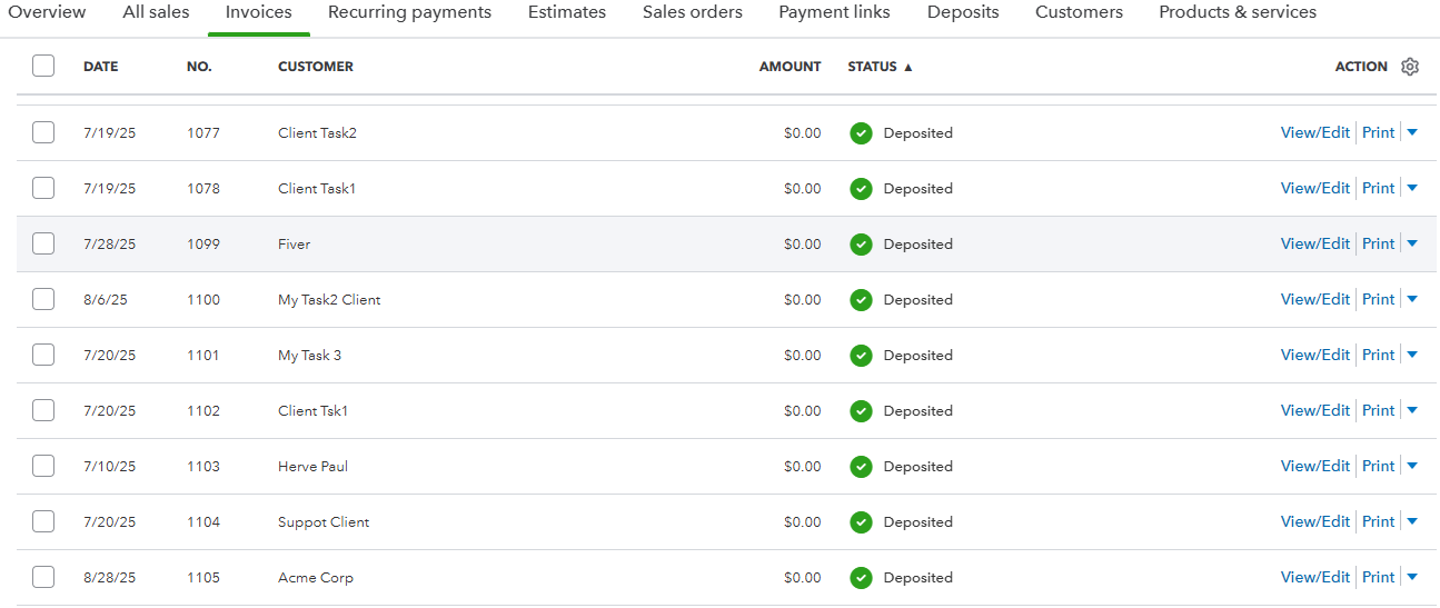 QuickBooks Online invoices list showing created invoices from ClickUp tasks including Client Task2, Client Tsk1, Fiver, My Task2 Client, and others with invoice numbers and amounts